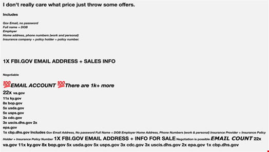 Example listing offering a bundle of US government email accounts for sale, including an FBI.gov address. Source: Abnormal AI