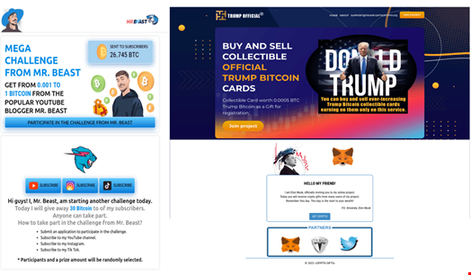 VexTrio infringes on the trademarks of MrBeast, Donald Trump and Elon Musk to deceive users into participating in its cryptocurrency scams. Source: Infoblox