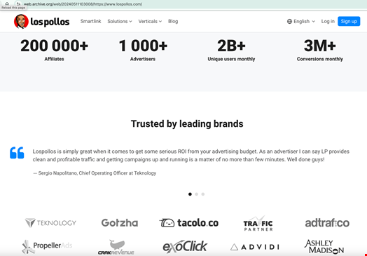 The Los Pollos website in May 2024, as recorded by archive.org, claimed two billion unique users. Several of the testimonial brands listed on the site, including Teknology, tacolo[.]co, and Adtrafico are part of VexTrio. Source: Infoblox