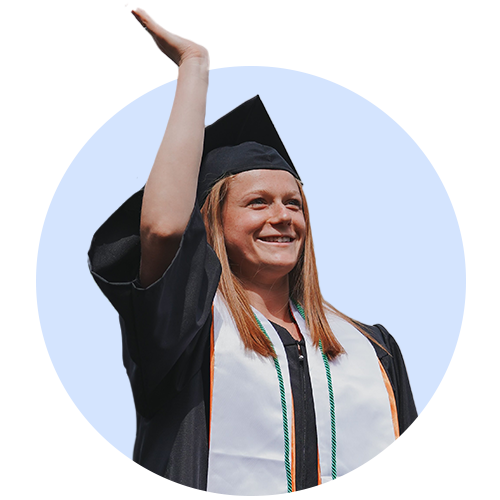 Image of Allison Fitzwilliam wearing her college cap and gown.