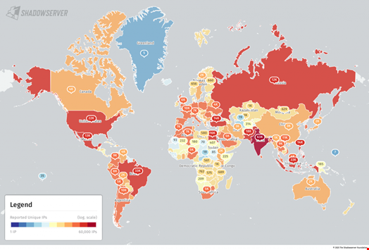 Rhadamanthys infections per country (logarithmic scale). Source: The Shadowserver Foundation
