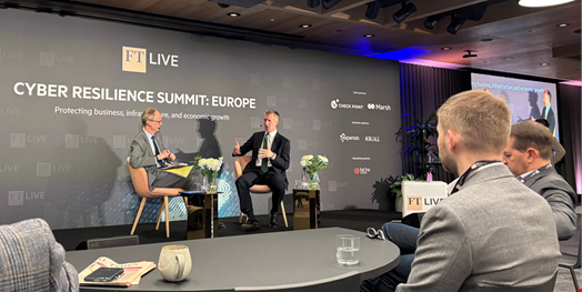 British Security Minister Dan Jarvis (right) was interviewed by Andrew Hill (left), senior business writer at the Financial Times, during the newspaper's Cyber Resilience Summit: Europe, held in London on December 3. Credit: Infosecurity Magazine