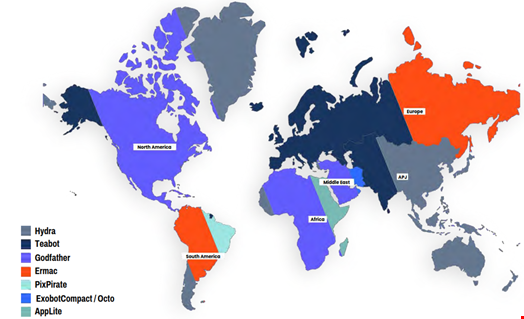 Malware families prevalent by region. Credit: Zimperium.