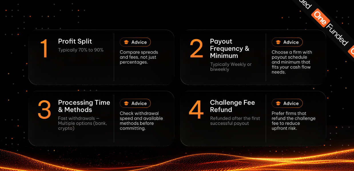 Graphic outlining factors to evaluate when choosing a prop firm such as profit split (70–90%), payout frequency, withdrawal processing time and methods, and challenge fee refund policies.